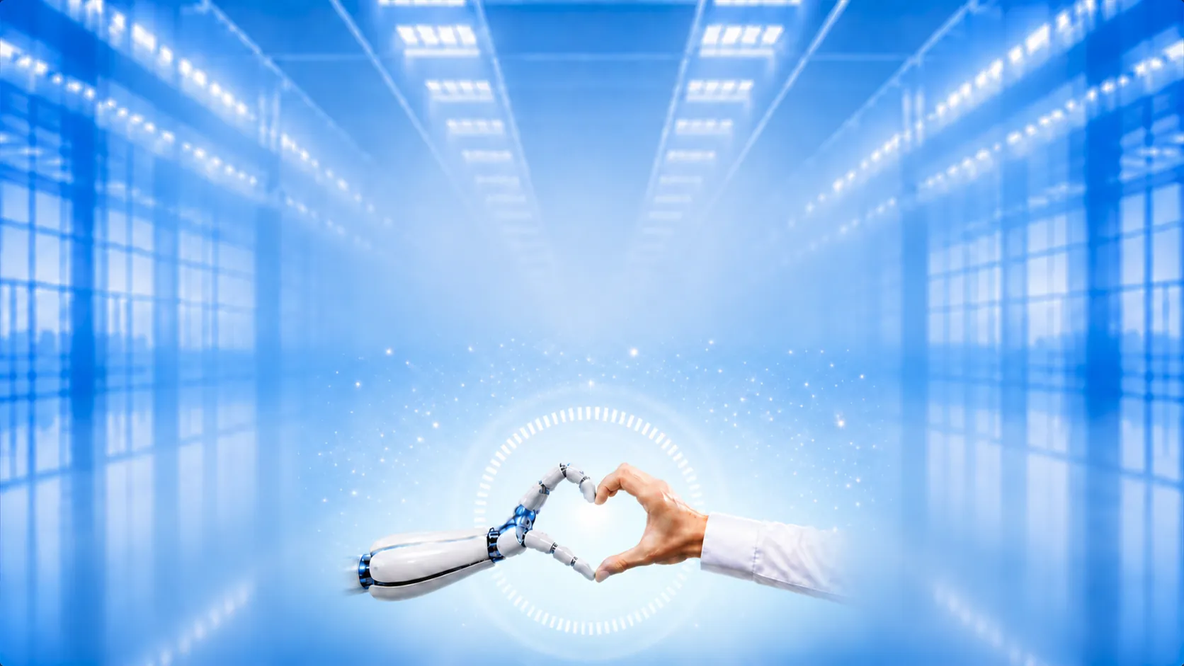 Mano robotica e mano umana formano un cuore, simbolo dell'incontro tra intelligenza artificiale ed esperienza umana